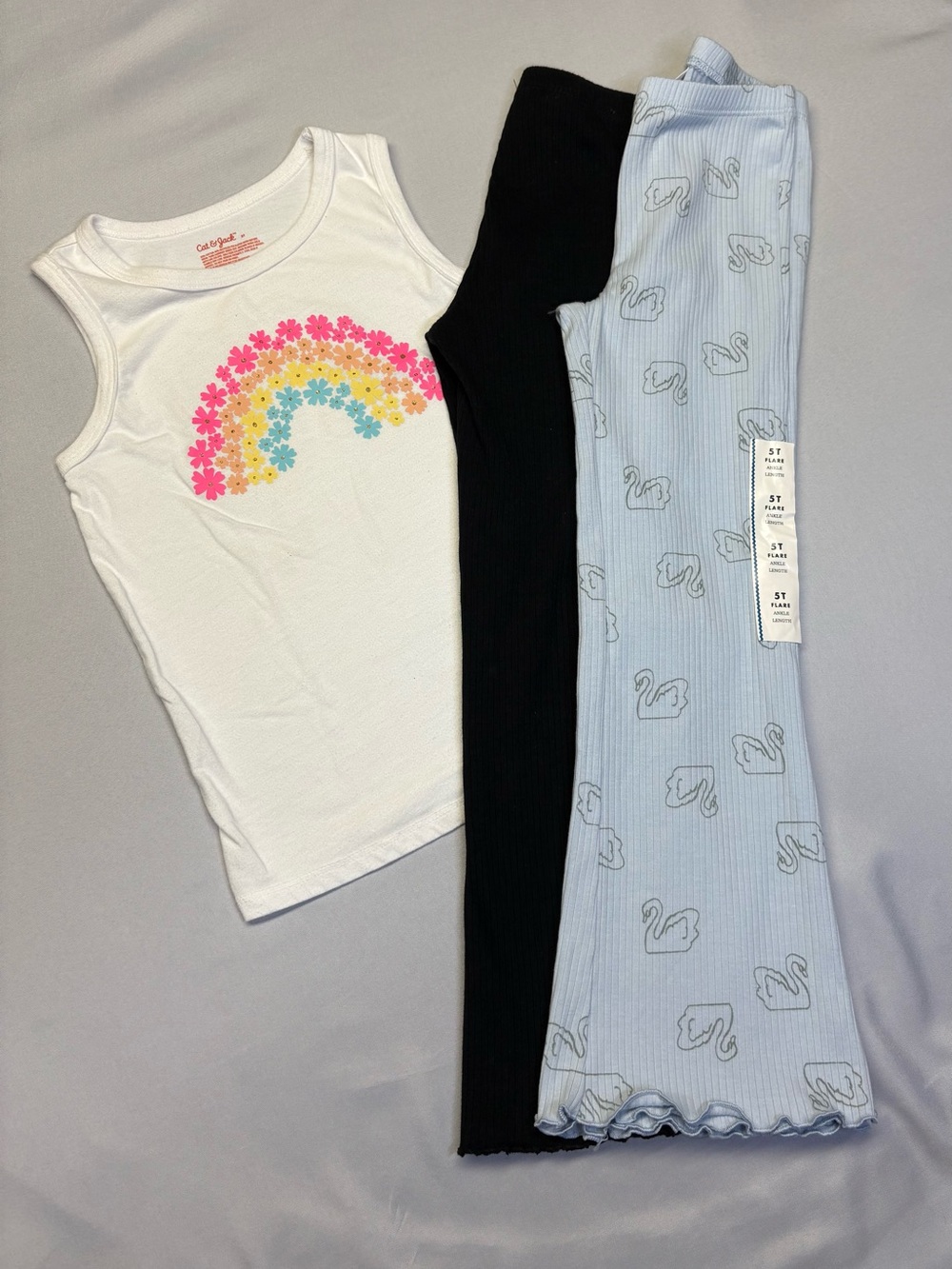Cat & Jack White less-sleeve Tee two pair of pants black and light blue 5T
